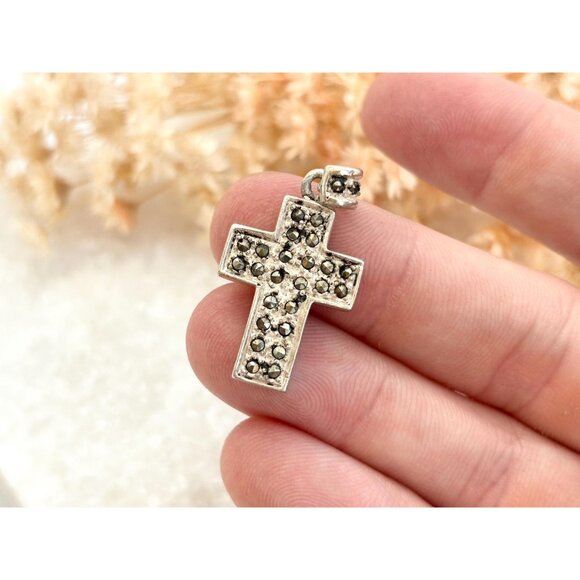 Cross Shaped Marcasite Accented Geometric Sterling Silver 925 Vintage Pendant - Picture 3 of 9